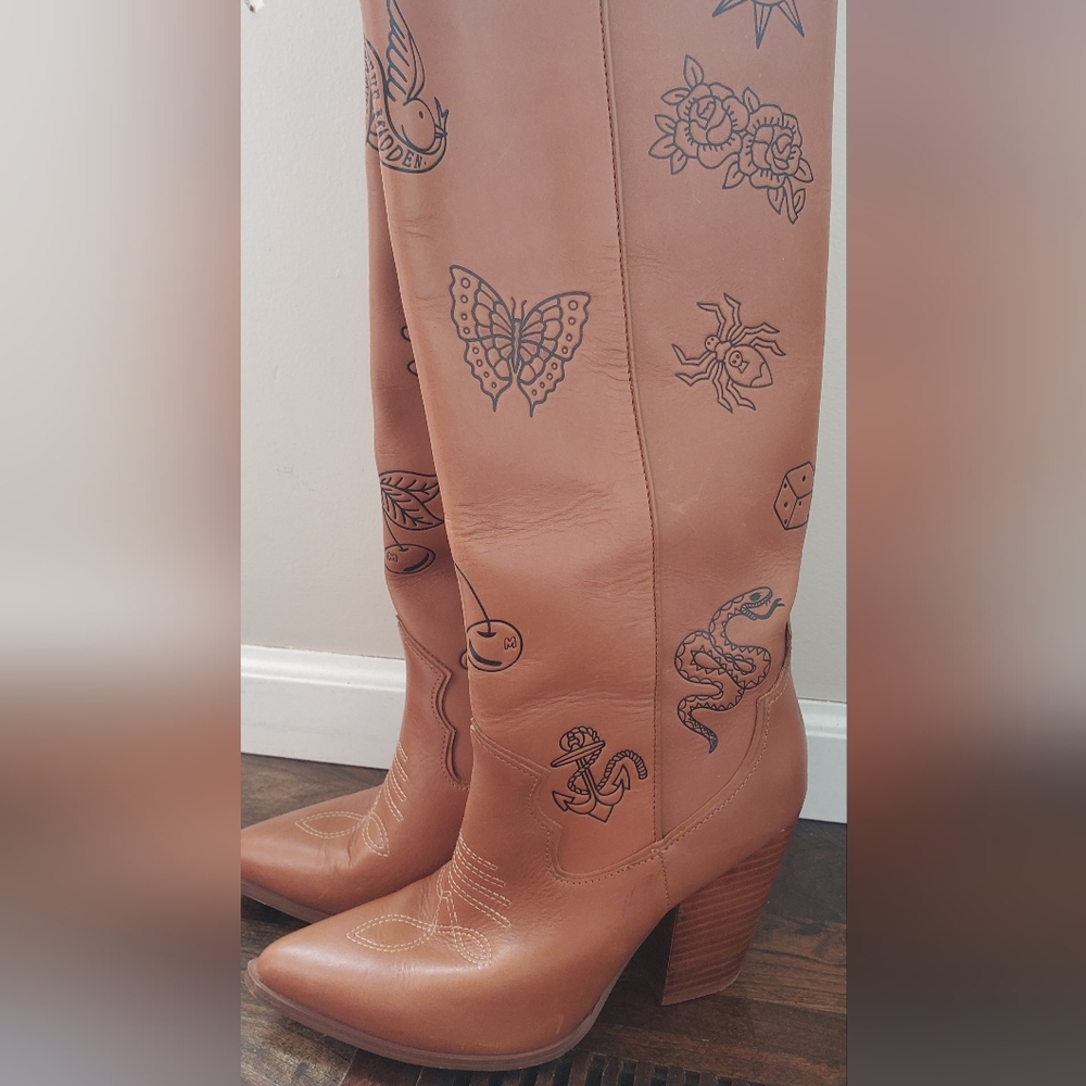 Steve Madden Lousiana Womens Leather Block Heel Knee-High Boots tattoo